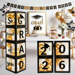 2026 Graduation Party Decorations - Black Balloon Boxes with Letters, "GRAD" & "So Proud of You" & "2026", 20pcs Balloons, Graduation Photo Props for High School College Class of 2026 Celebration