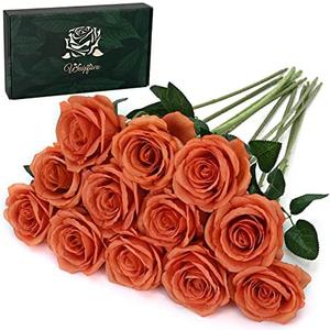 Waipfaru 12 Pcs Artificial Flowers Fake Silk Roses, Faux Real Touch Roses Bouquet with Long Stem for Wedding Party Home Decor (Burnt Orange)