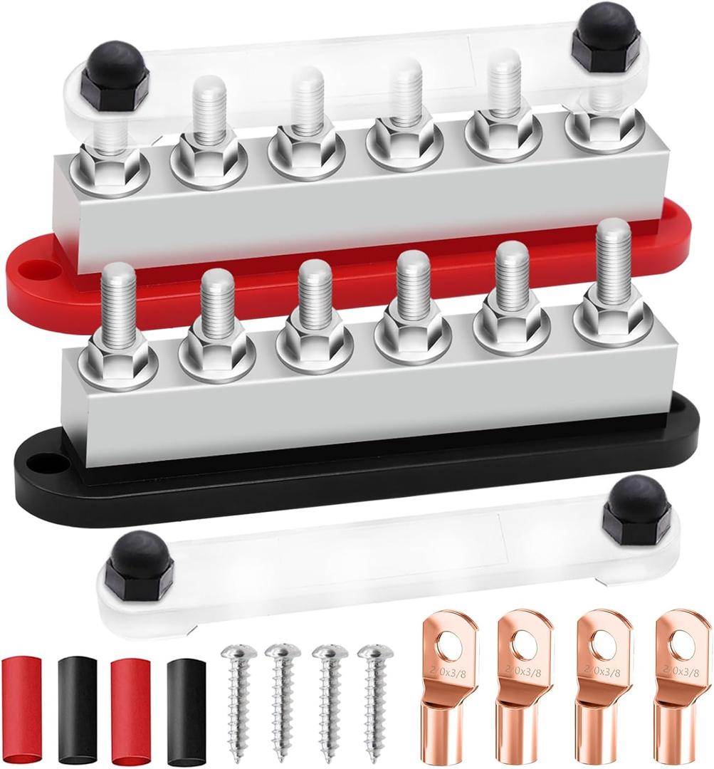 650A Bus Bar 12V Marine 3/8" Power Distribution Block Automotive Busbar Terminal Block,Battery Buss Bar (Pair, Red & Black) 6 x 3/8" Post