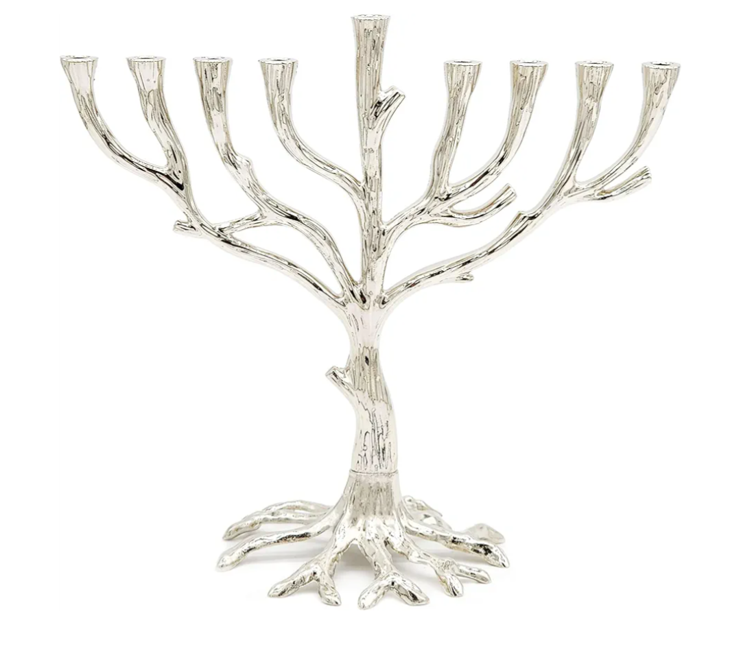The Dreidel Company Tree of Life Menorah Nickel Finish Full Size 10 Inches for Hanukkah Fits Standard Chanukah Candles - Collectible Artistic Menorah for Judaic Display
