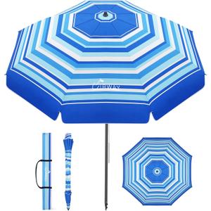 UIRWAY Beach Umbrella, Heavy Duty Windproof Beach Umbrellas with Sand Anchor & Tilt, Sun Protection Portable Beach Umbrella with Carrying Bag for Beach, Patio Garden Pool Outdoor (8.5FT, Seaside Blue)