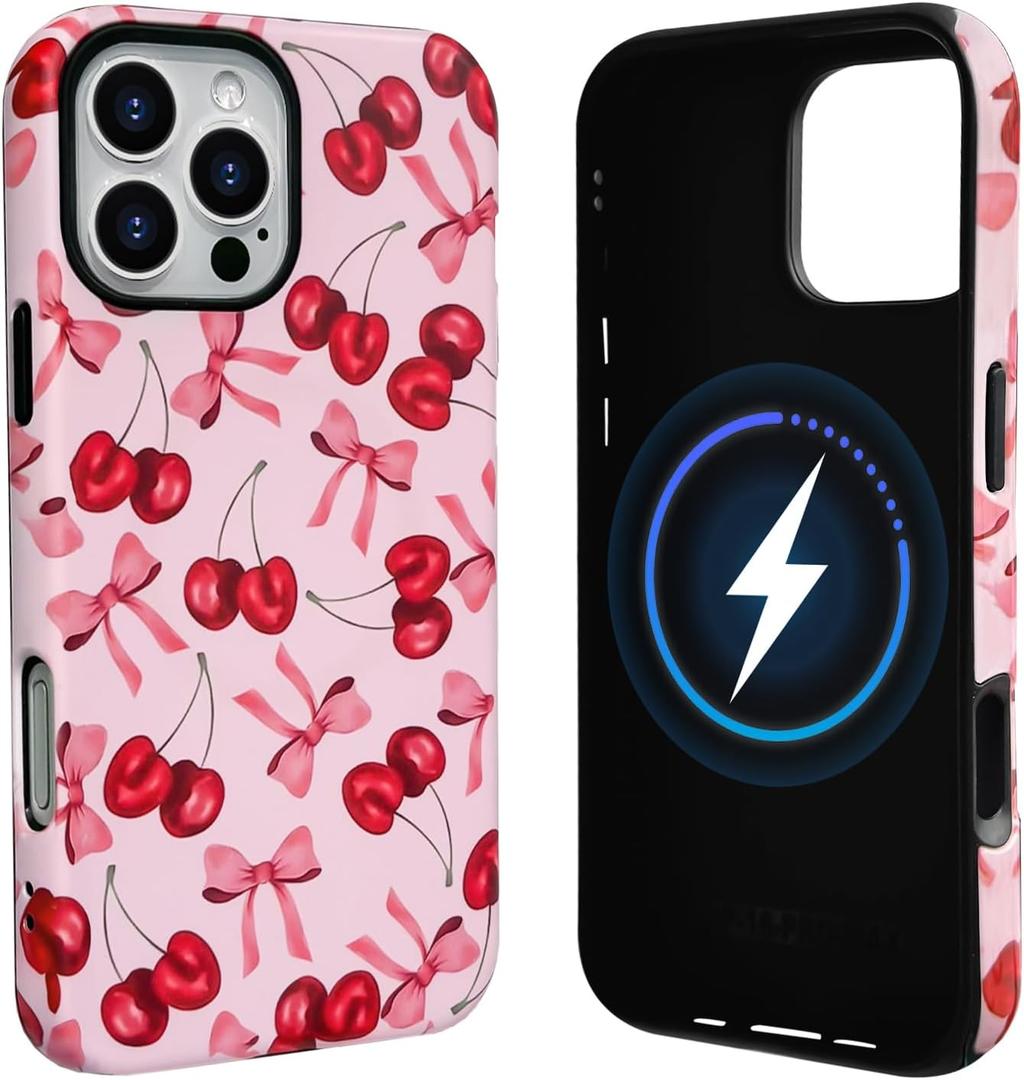NITITOP Compatible with iPhone 16 Pro Max Case Magnetic Compatible with MagSafe Cute Cherry Bow Ribbon for Women Girls Hybrid 2 Layers Hard Back Shockproof Protective Phone Cover - Matte