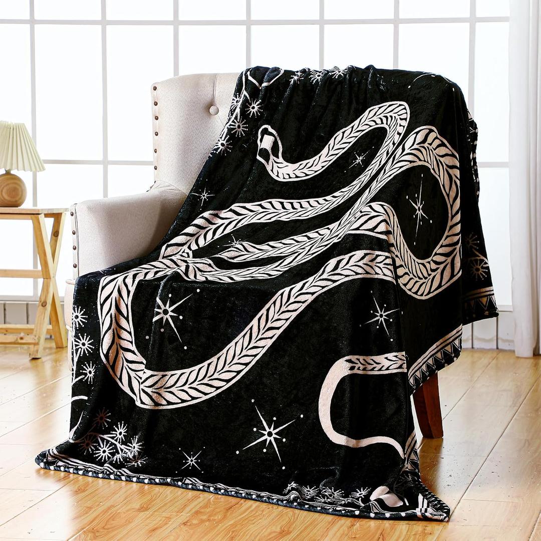 Buryeah Snake Throw Blanket Gothic Witch Gift Boho Witchy Occult Black Flannel Blanket Goth Birthday Halloween Christmas Room Decor for Couch Bed Sofa 50" x 60"