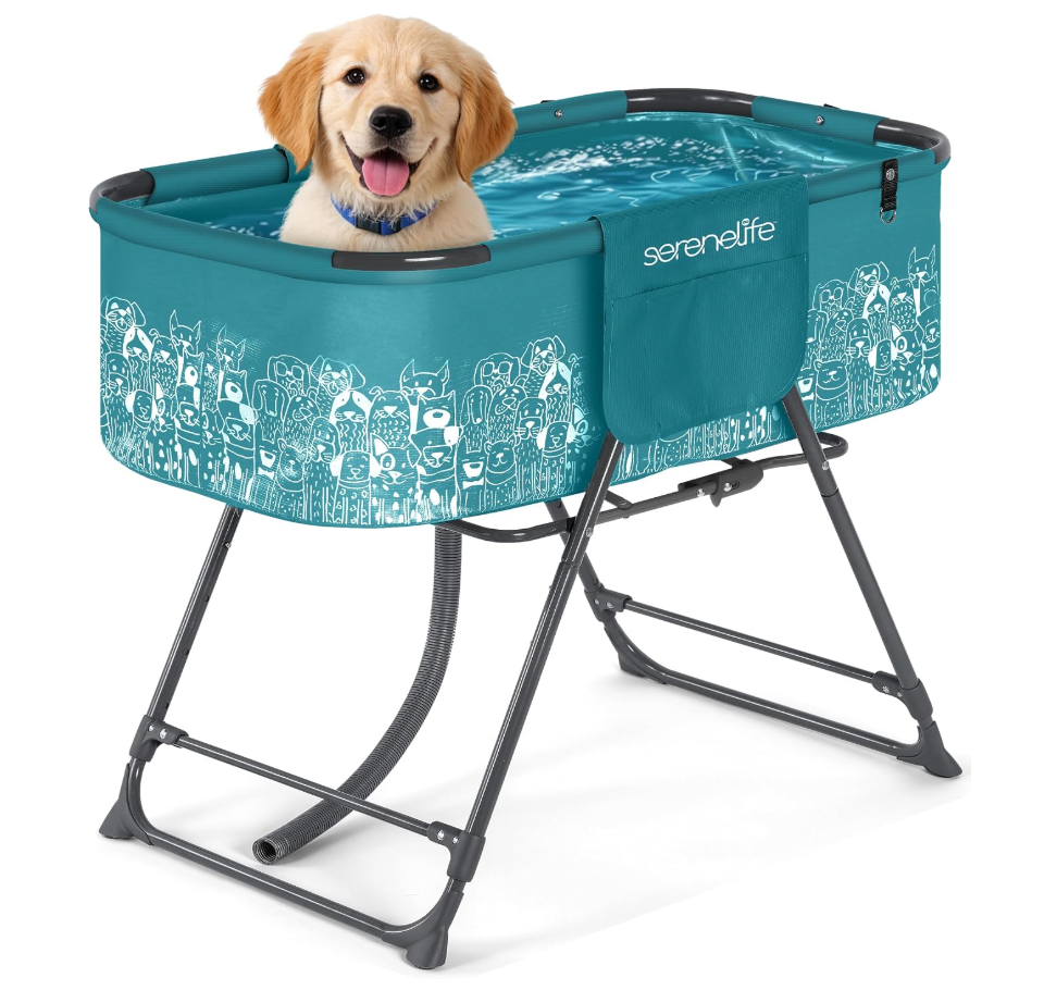 SereneLife Foldable Dog Bath Tub with Adjustable Height, 360° Access, Drain Hose & Storage Pockets – 130 lb Capacity Grooming Station for Indoor/Outdoor Use, Blue