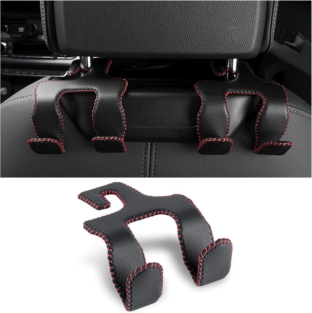 Kewucn Upgraded Car Seat Headrest Hook, Durable Leather Auto Back Seat Hangers Storage Organizer, Universal Vehicle Interior Accessories for Hanging Purses, Umbrellas, Bags, Coats (Black&Red)