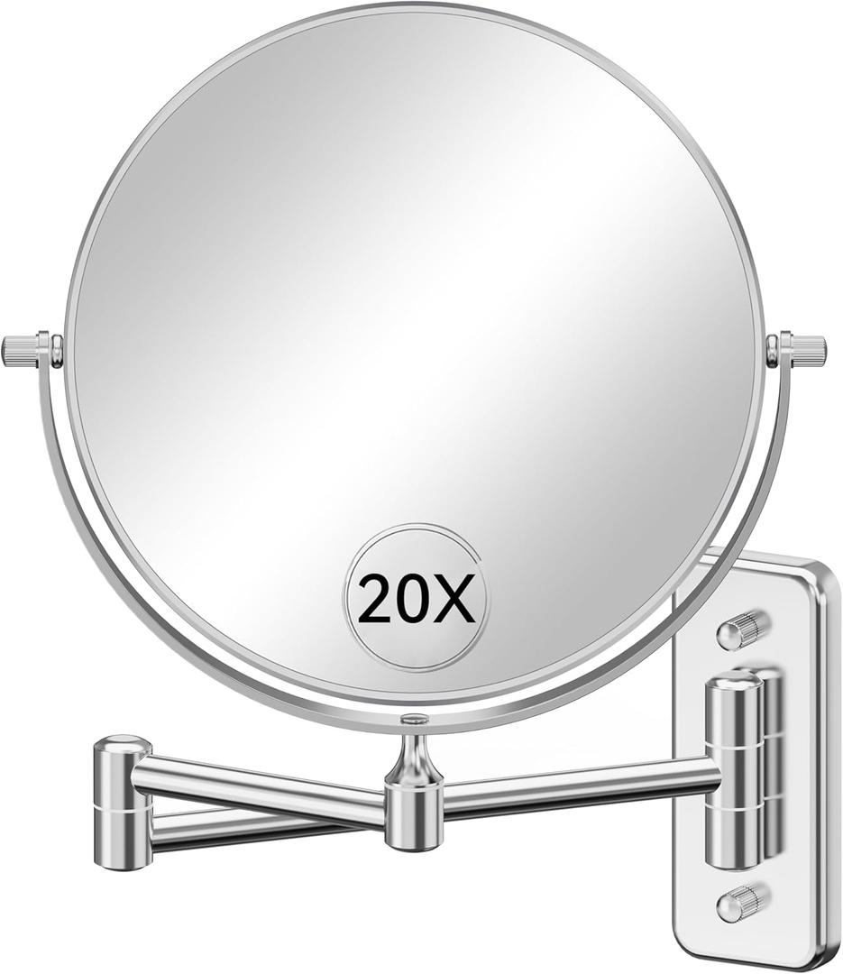 Auxmir Wall Mounted Makeup Mirror, 8 Inch 1X/20X Double Sided Magnifying Mirror with Extendable Swivel Arm, 360 Rotation Bathroom Vanity Mirror with Tweezers, Chrome