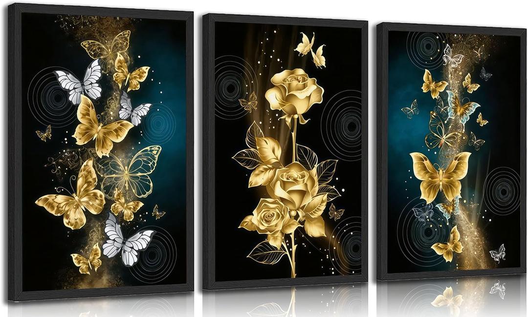 3Pcs Abstract Gold Butterfly Canvas Wall Art Gold Butterfly and Rose Posters Prints Painting Modern luxury Flowers Wall Decor pictures for Living Room Bedroom Home Decoration Unframed (16L" x 12W")