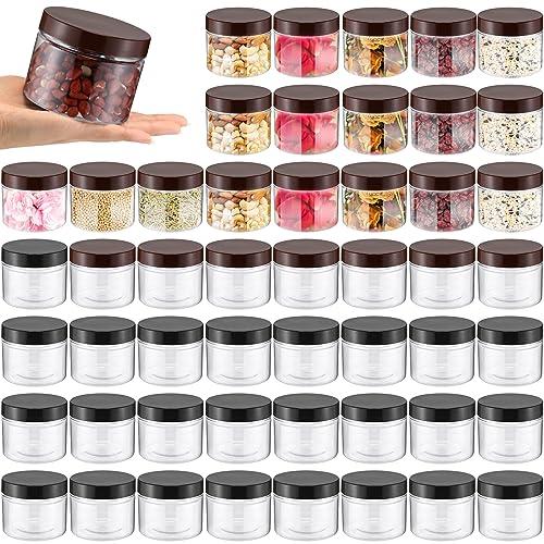 Mifoci 50 Pcs 9.5oz Clear Plastic Jars Containers Wide Mouth Food Storage Jar for Kitchen Dry Food Butter Honey Cosmetics Cream, Black and Brown (3.35''l x 2.56''h)