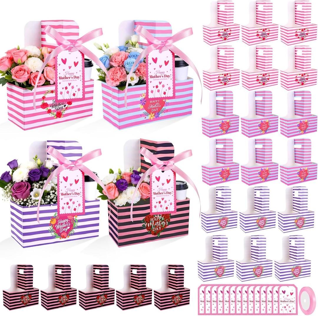 24 Pcs Mothers Day Drink Carrier Mother Gift 2 Cup Drink Carriers with Tag Handle Mother's Day Cup Carriers Disposable Cardboard Cup Holders for Hot Cold Drinks Coffee Mom Gifts from Daughter Son