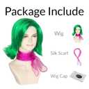 Miss U Hair Short Wavy Green Wig with Scarf for Women Side-swept Bangs Anime Cosplay Wig