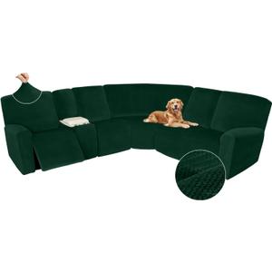 Arfntevss Sectional Recliner Couch Covers Velvet Washable Corner Sectional Sofa Cover for Reclining Stretch Thick L Shape Recliner Slipcover Set (5 Seat with 1 Console Cover, Emerald Green)