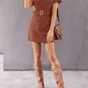Women's Corduroy Mini Dress Short Sleeve Lapel Zip Up Belted Cowgirl Dresses with Pockets (Brown, XXL)