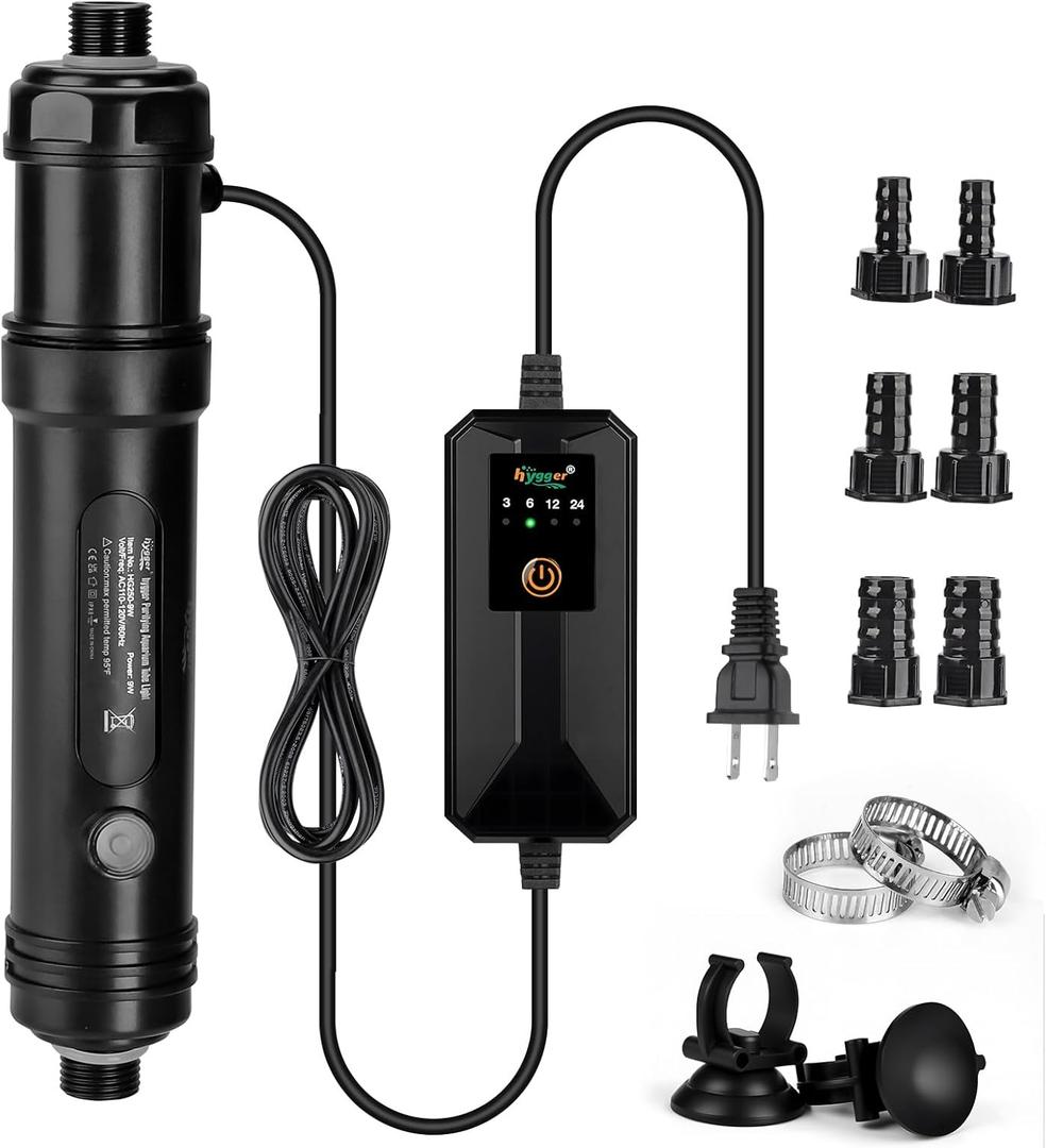 hygger 9W Aquarium U-V Light with Timer, 360° Protective Shield Clean Light for Crystal Clear Green Water, Submersible Fish Tank Cleaner for 60–100 Gallon Freshwater & Saltwater Aquariums