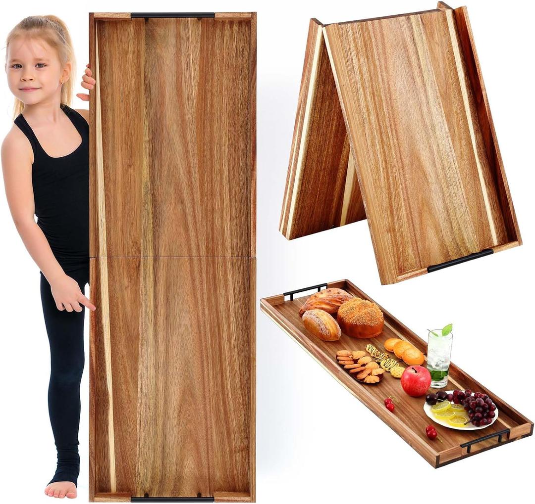 Teenyyou 36"x 12" Extra Large Ottoman Tray with Handle Acacia Wooden Charcuterie Board Serving Cheese Boards Tray Oversized Coffee Table Rectangle Supplies for Tea Kitchen Food Beverage Fruit Snack