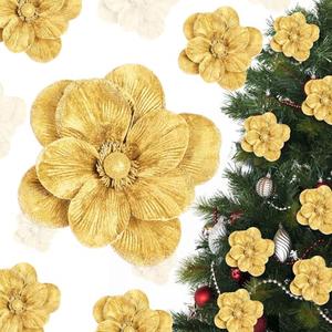 Craftsatin 12 Pcs Valentine's Day Velvet Poinsettia Burgundy Magnolia Flowers Ornaments Glitter Large Heads Artificial Magnolia Flowers for Valentine Decoration Wedding Decor Supplies(Gold)