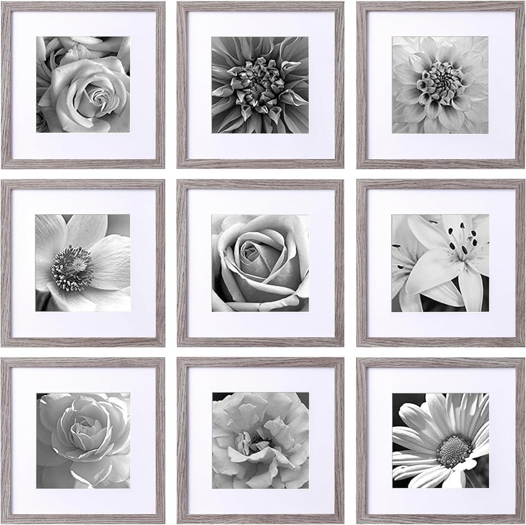 eletecpro 12x12 Picture Frames Set of 9 with Mat for 8x8 Photos or without Mat for 12x12, Square Gallery Wall Decor Collage for Picture Display, Grey Frame Set for Wall Hanging
