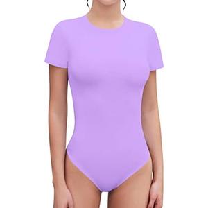 SHEIUGU Women's Crew Neck Short Sleeve Slim Fit T Shirts tops Basic Bodysuit Leotard Clothing M