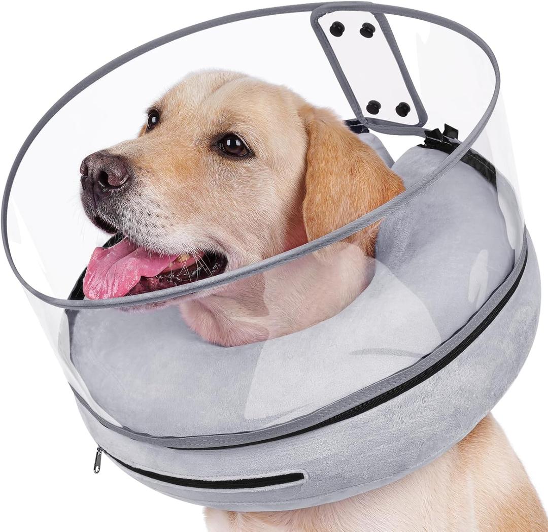 BARKLESS Inflatable Dog Cone, Protective Dog Surgery Collar to Stop Licking Biting Wounds, Soft Donut Cone with Detachable Clear Shield, Adjustable Blow-up Collar for Surgery Recovery (Grey, S) (S (Neck: 5"-8"))