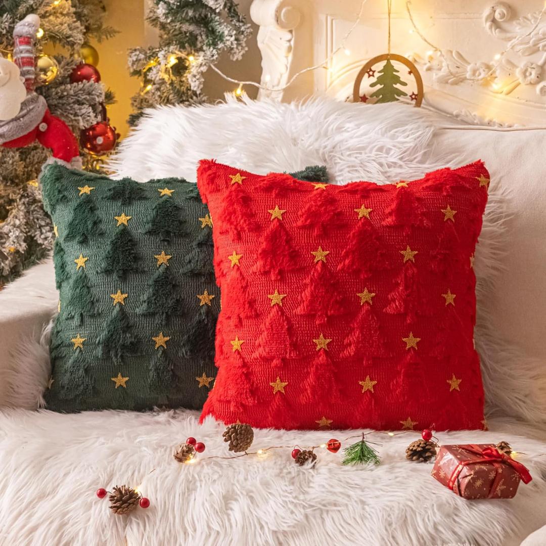 AQOTHES Christmas Tree Green Red Throw Pillow Covers 18x18 inches Set of 2,Winter Holiday Faux Fur Throw Pillows for Couch Sofa Decorations
