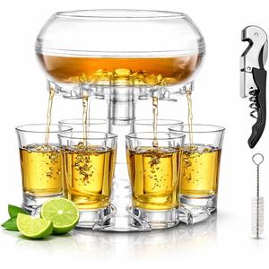 6 Shot Glass Dispenser and Holder Set with 6 Acrylic Shot Glasses, Bar Accessories for Parties, Home Bar, Game Nights, Bottle Opener and Cleaning Brush