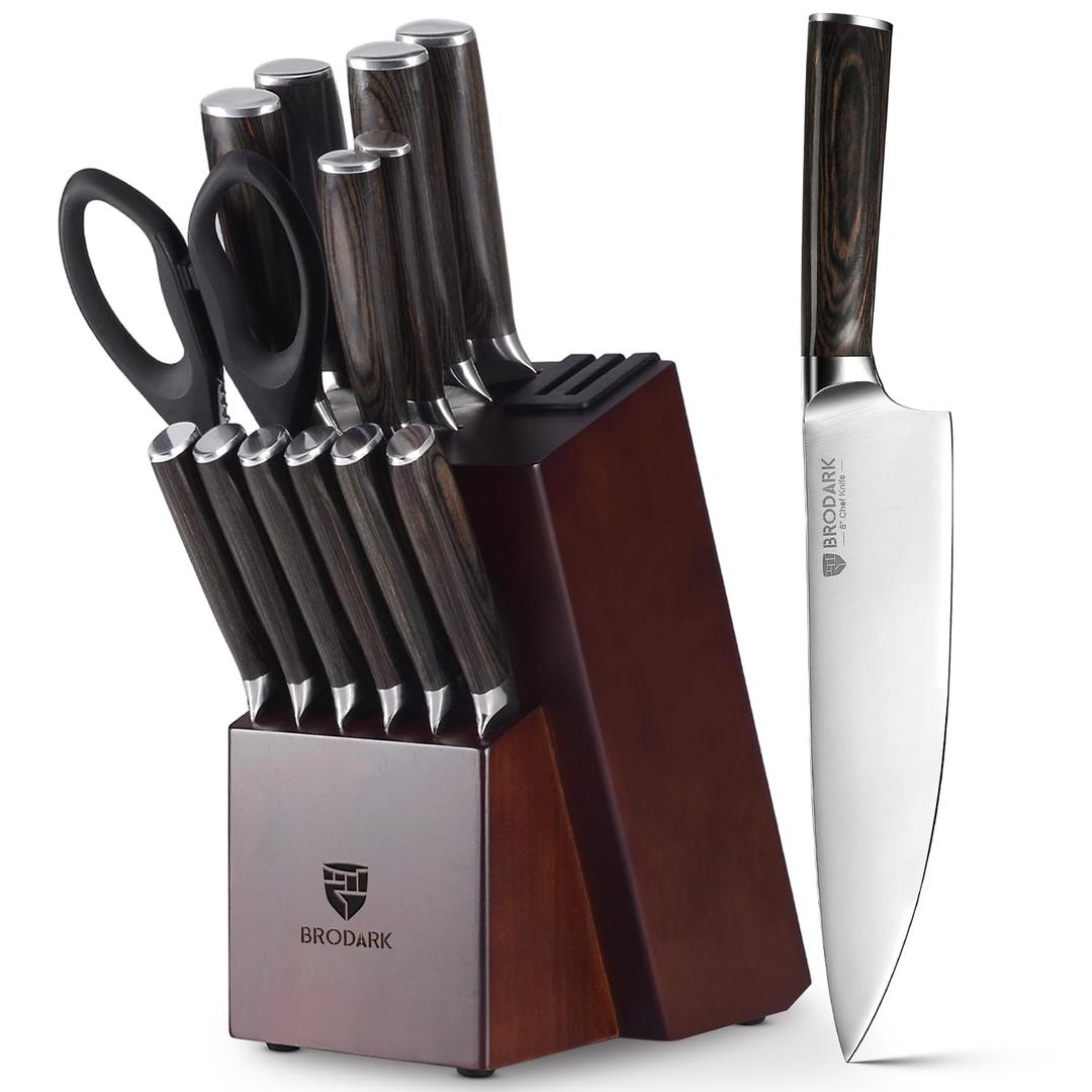 Knife Block Set: Ultra Sharp Kitchen Knife Set with Block and Sharpener, 15 Piecs Full Tang German Stainless Steel Professional Knife Set with Ergonomic Handle, Christmas Gift