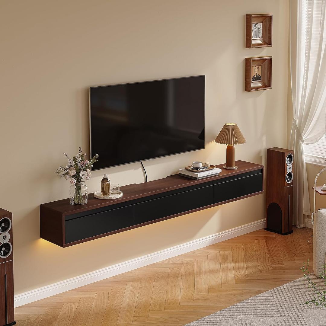 FloatiCasa Floating TV Stand Matte Finish, 55'' Wall-Mounted TV Cabinet, Floating TV Console, Under TV Shelf with 3 Doors for Living Room Bedroom(Walnut+Black)