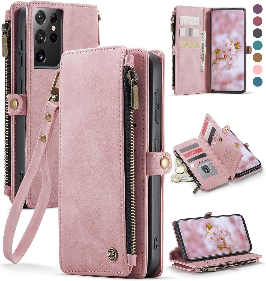 Defencase Compatible with Samsung Galaxy S21 Ultra Case Wallet with RFID Blocking Card Holder for Women Men, PU Leather Magnetic Snap Flip Zipper Strap Wallet Case Fit for Galaxy S21 Ultra 5G, Pink (Airy Rose Pink)