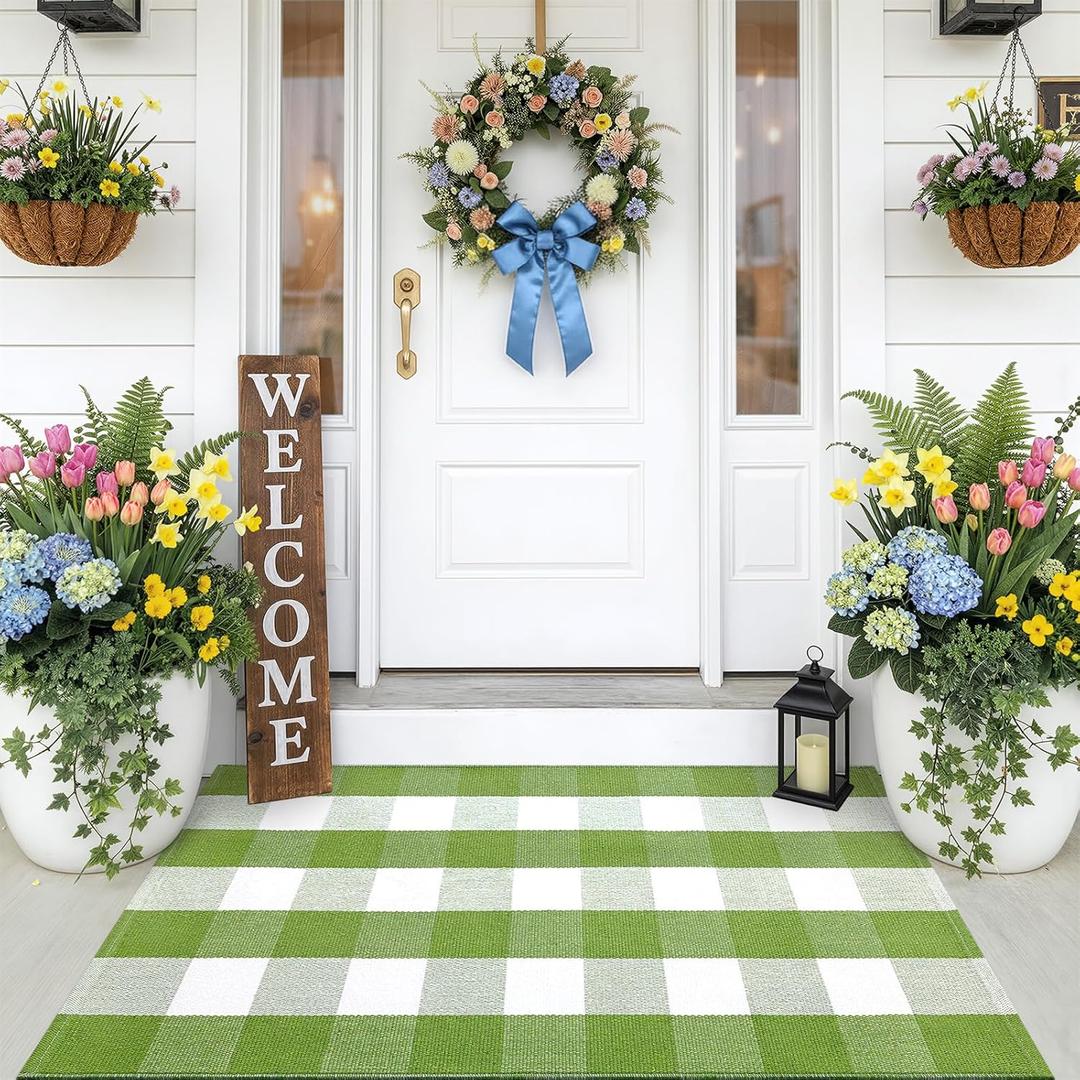 OLANLY Buffalo Plaid Rug 2'4" x 3'7" (27.5" x 43") Green and White Cotton Checkered Doormat, Washable Indoor Outdoor Rug for Layered Front Porch, Kitchen, Entryway Decor