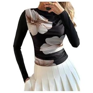 Milumia Women's Y2k Floral Long Sleeve T-Shirts Mock Neck Ruched Mesh Tops Black Large