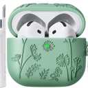 Compatible with Airpods 4 Case, 3D Floral Embossed Soft Silicone Shockproof Protective Cover with Keychain for Airpods 4th Generation Men Women(Cactus Green)