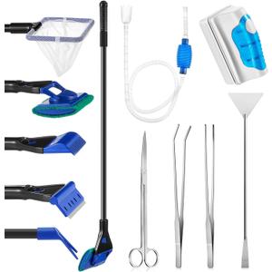 Aquarium Fish Tank Cleaning Tool Kit Include 4 Pcs Long Aquascape Tools Kit 1 Pcs Magnetic Glass Cleaner Brush 5 in 1 Fish Tank Gravel Cleaner and Siphon Vacuum for Terrarium Fish Tank Set