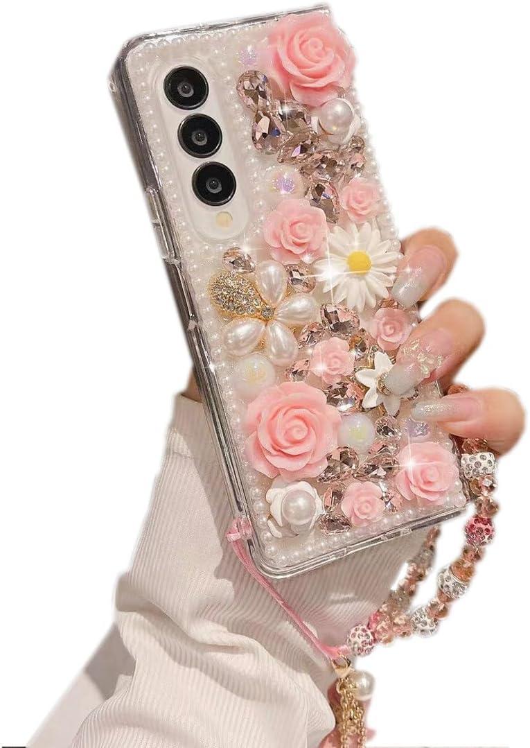 for Samsung Galaxy Z Fold 6 5G Case,Luxury Crystal Rhinestone Flowers Glitter Diamond Pearl Cover Case with Flower Strap for Galaxy Z Fold 6 for Girls Women (Pink)
