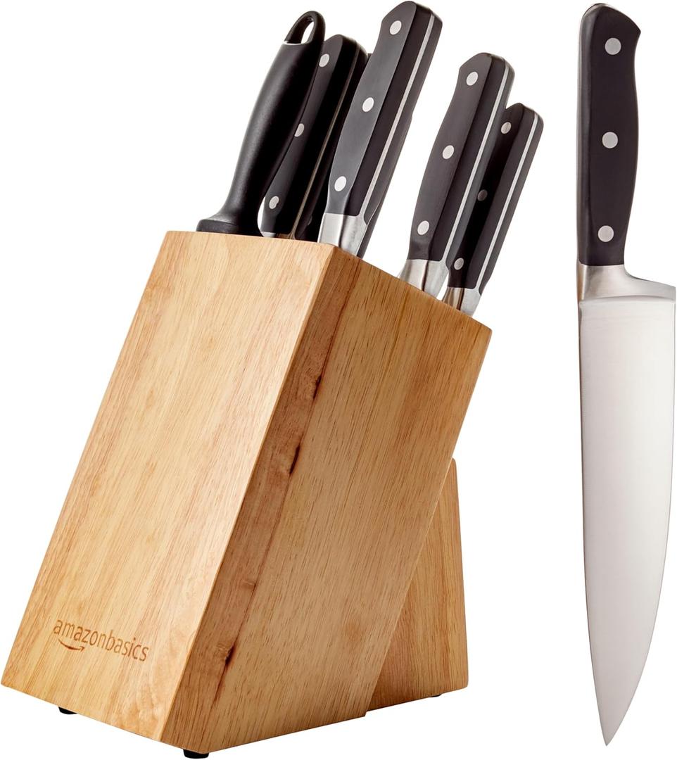 Amazon Basics 9-Piece High-Carbon Stainless Steel Kitchen Knife Set with Ergonomic Handles, Full Tang Construction, Pine Wood Block, Black