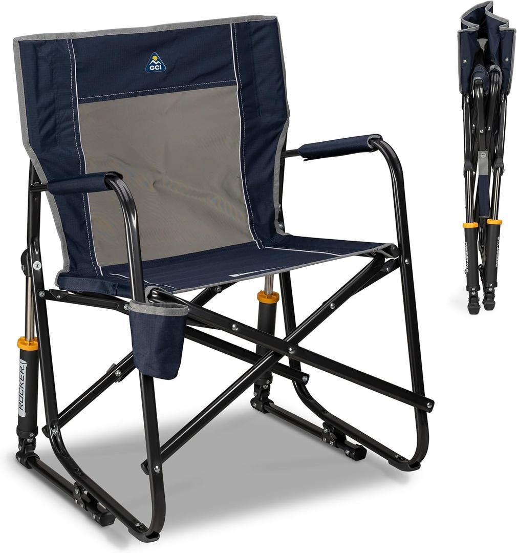 GCI Outdoor Freestyle Rocker Camping Chair | Portable Folding Rocking Chair with Solid, Durable Armrests, Drink Holder & Comfortable Backrest  Indigo Blue