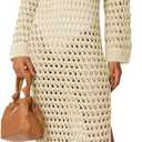 Saodimallsu Womens Crochet Swimsuit Cover Up V Neck Collared Long Sleeve Mesh Knit Long Beach Coverup Maxi Dress (S)