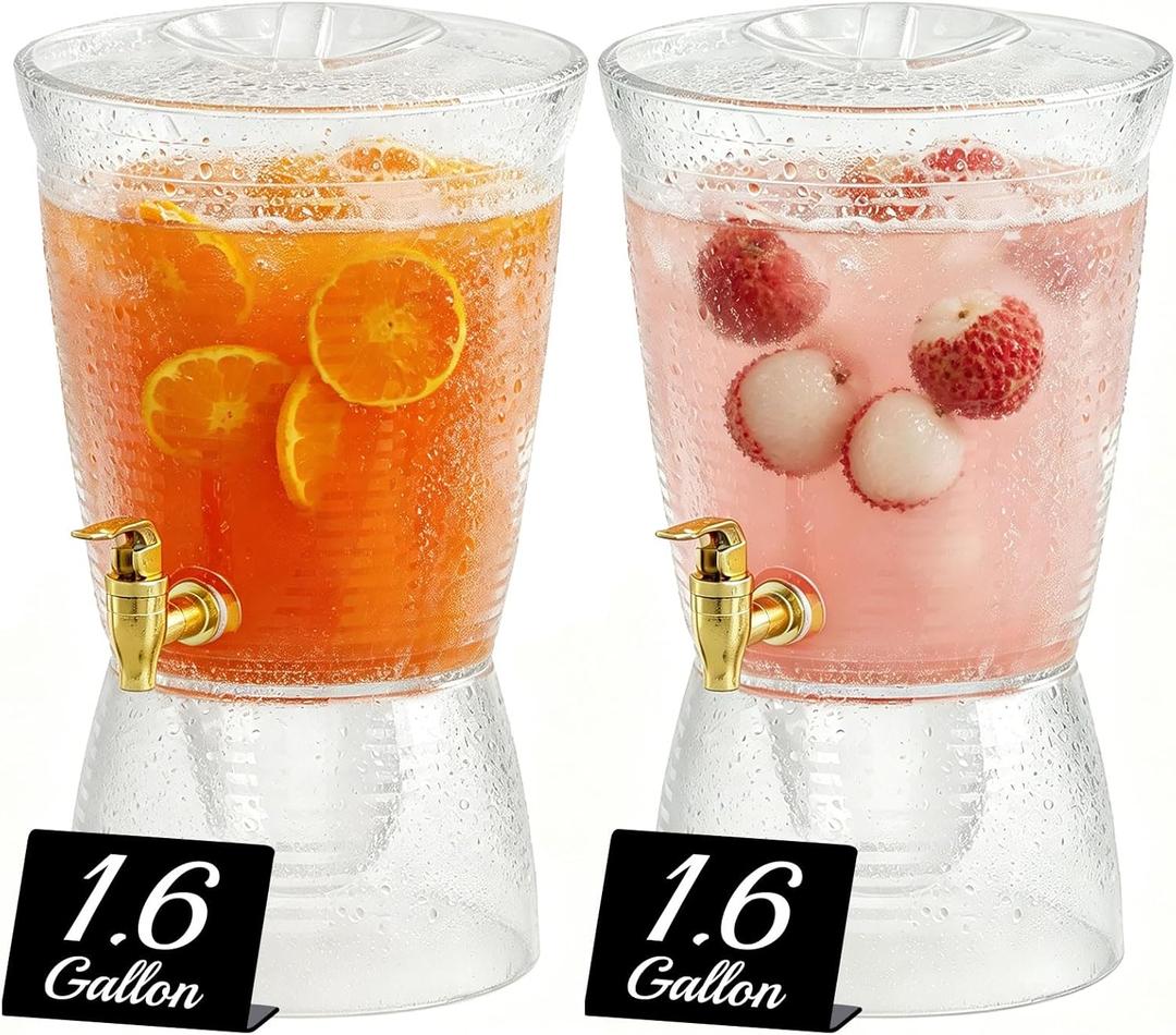 2 PCS 1.6 Gallon Drink dispenser,Plastic Water Dispenser with Detachable Base Iced Juice Container Unbreakable for Wedding Party，Counter Tops, No Mess, Easy to Assemble & Wash