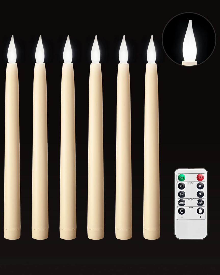 3 x SURAIELEC 10.5'' Flameless Ivory Taper Candles, Battery Operated Candle with Remote, Timer, Dimmer, 5000K Cool Clear White, Realistic LED Candle for Party, Halloween & Christmas Decoration, 6 Pack