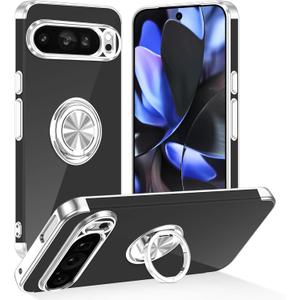 Tnarru Designed for Google Pixel 9 Pro XL Clear Case with Stand [Magnetic Ring Holder Kickstand] Soft TPU Bumper Non-Yellowing Anti-Scratch Lightweight Slim for Google Pixel 9 Pro XL Case Silver
