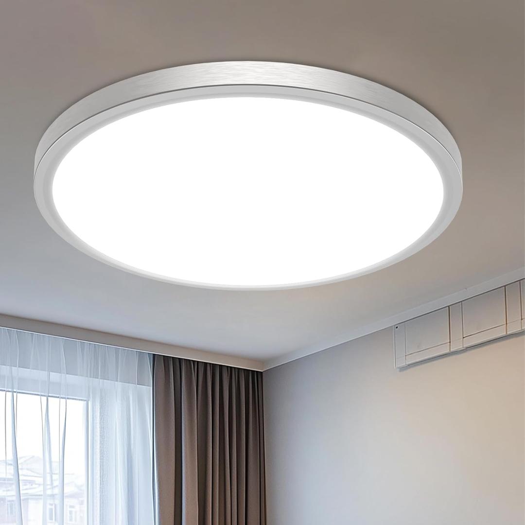 libtit 16 inch Flush Mount LED Ceiling Light Fixture, 3000K 4000K 6500K Adjustable, 36W 3200lm Brushed Nickel Satin Round Ceiling Lamp for Bathroom Shower Hallway Kitchen