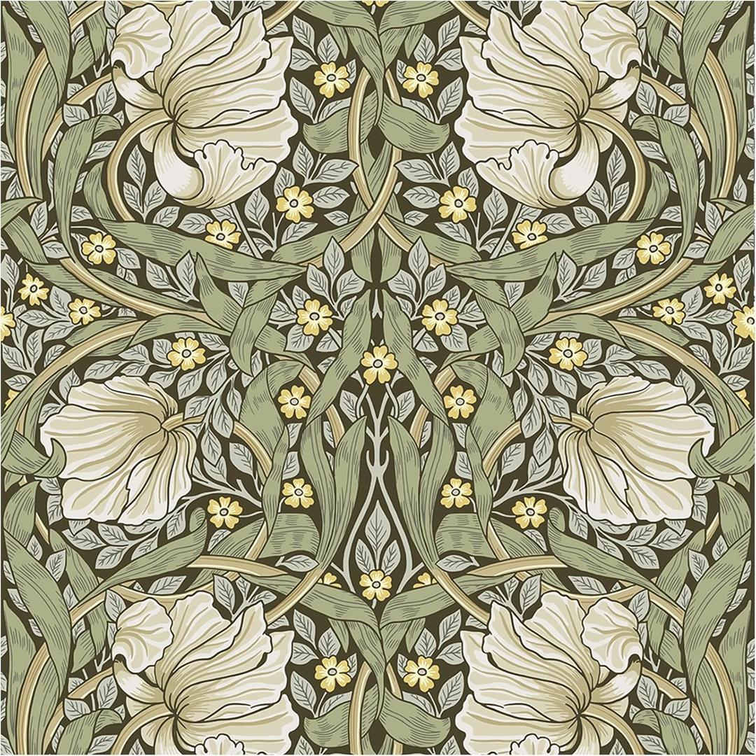 HAOKHOME Vintage Floral Wallpaper Peel and Stick Botanical Sage Green/Yellow Wall Murals Home Kitchen Bedroom Decor by William Morris 17.3in x 9.8ft