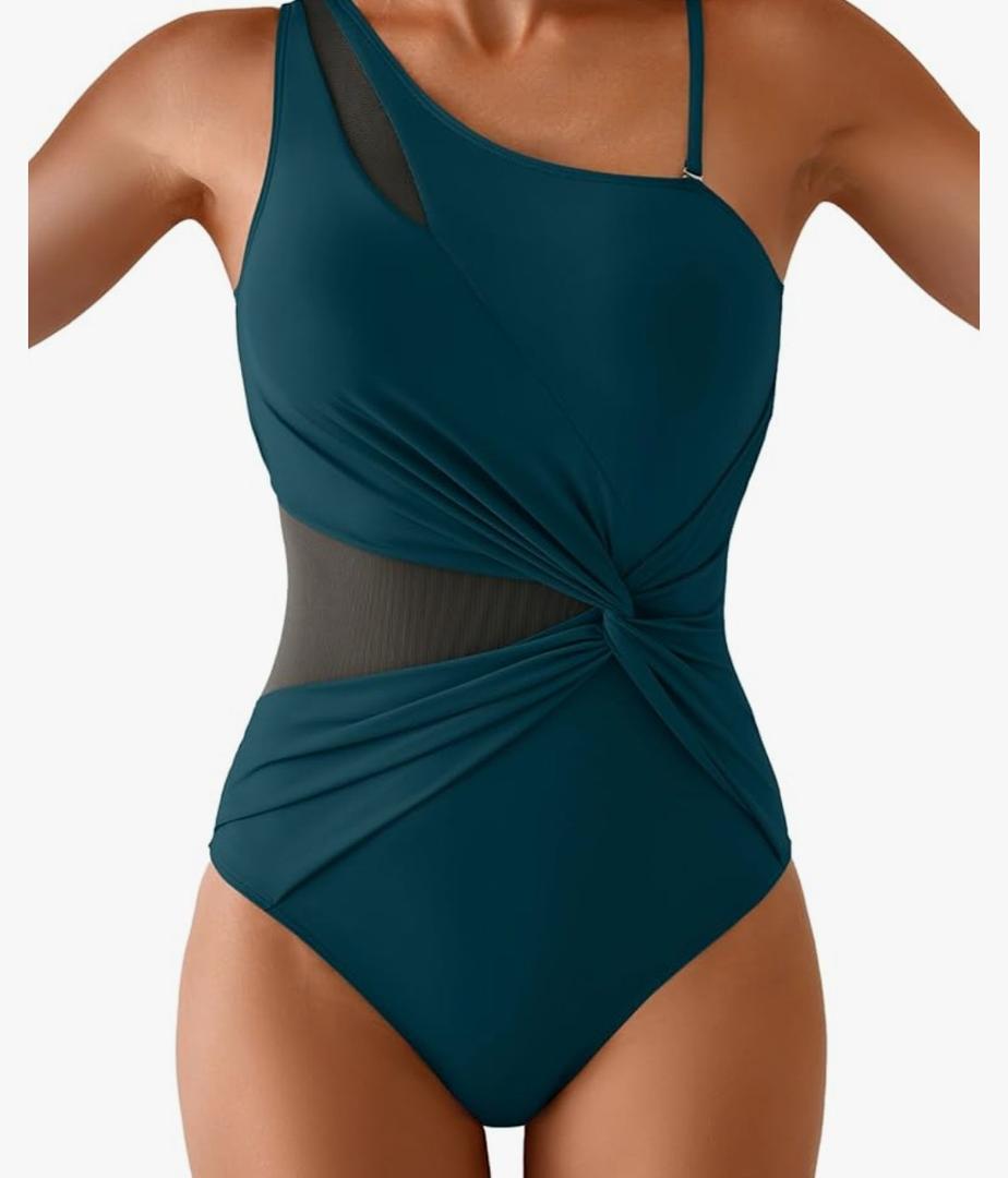 One Shoulder One Piece Swimsuit for Women Mesh Tummy Control Bathing Suit Twist Swimwear with Removable Strap Medium