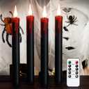 GenSwin Halloween Black Taper Flameless Candles Battery Operated with Remote Timer, 4 Pcs Drip Wax Flameless LED Candle Sticks with 3D Flickering Flame for Window Fireplace Decor (0.78 x 8.9 inches)
