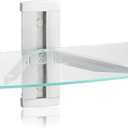 Suptek Glass Floating Shelves, TV Wall Mount with Shelf for DVD Player / PS4 / Cable Boxes/Game Consoles/Sky Box/TV Accessories, Media Shelf, Flat Wall Mount Bracket, 1 Tier Shelf, Silver