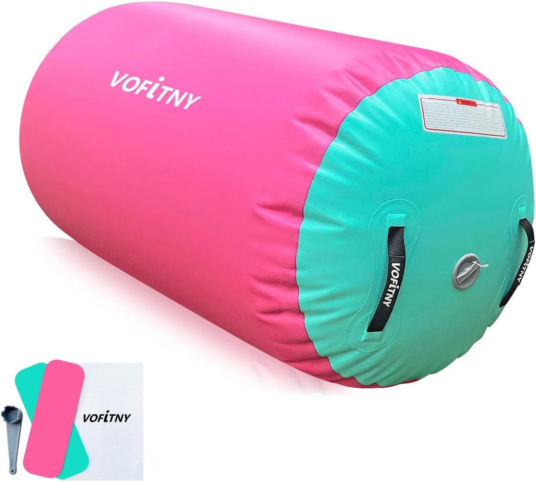 VOFiTNY Gymnastics Tumbling Equipment Air Barrel Inflatable Octagon Tumbler Roller Back-bend Trainer Cheerleading Without Pump (3.3'L x 2'D, Pink/Mint nopump)