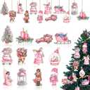 JUNEBRUSHS 35 Pcs Pink Christmas Decor Tree Ornaments Set, Double-Sided Printing Vintage Style Wooden Christmas Hanging Ornaments Decorations for Home Holiday Christmas Party Decoration Supplies