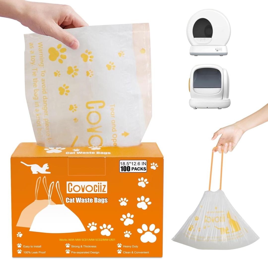 100 Pack Cat Litter Box Liners, Compatible with MeoWant SC01/C02/LR01 Litter Bags, Extra Thick Drawstring Heavy Duty Cat Waste Bags, 18.5" x 12.6"