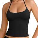 REORIA Women's Sexy Halter Backless Double Lined Tank Top Y2k Trendy Camisole Crop Tops (Black, L)