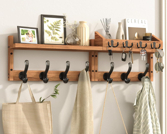 Evermagin 29" Coat Rack Wall Mount with Shelf, 4 in 1 Wall Mounted Coat and Key Hanger with 11 Hooks, Entryway Key Holder with Mail Holder for Living Room, Bedroom