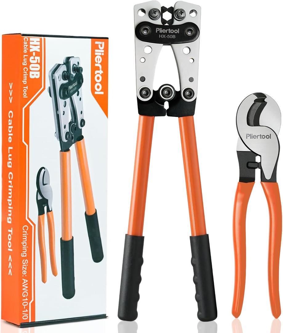 Battery Cable Crimper Tool For AWG 10-1/0 Gauge Electrical Lug, Battery Terminal Connectors with Cable Cutter, Wire Crimping Tool For Heavy Duty Copper Wire Lugs