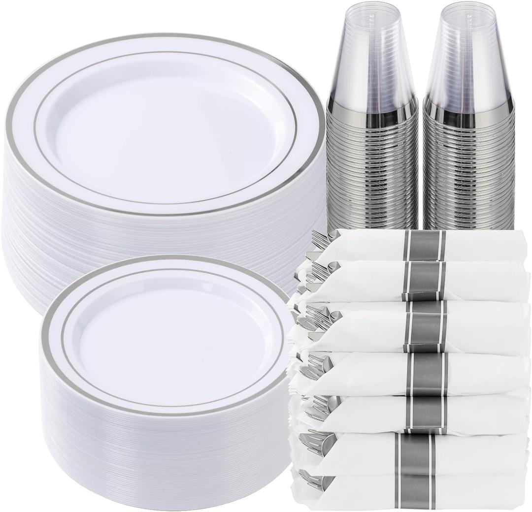 Goodluck 350 Piece Silver Plastic Dinnerware Set for 50 Guests, Fancy Disposable Plates for Party, Include: 50 Dinner Plates, 50 Dessert Plates, 50 Pre Rolled Napkins with Silver Silverware, 50 Cups (Silver)
